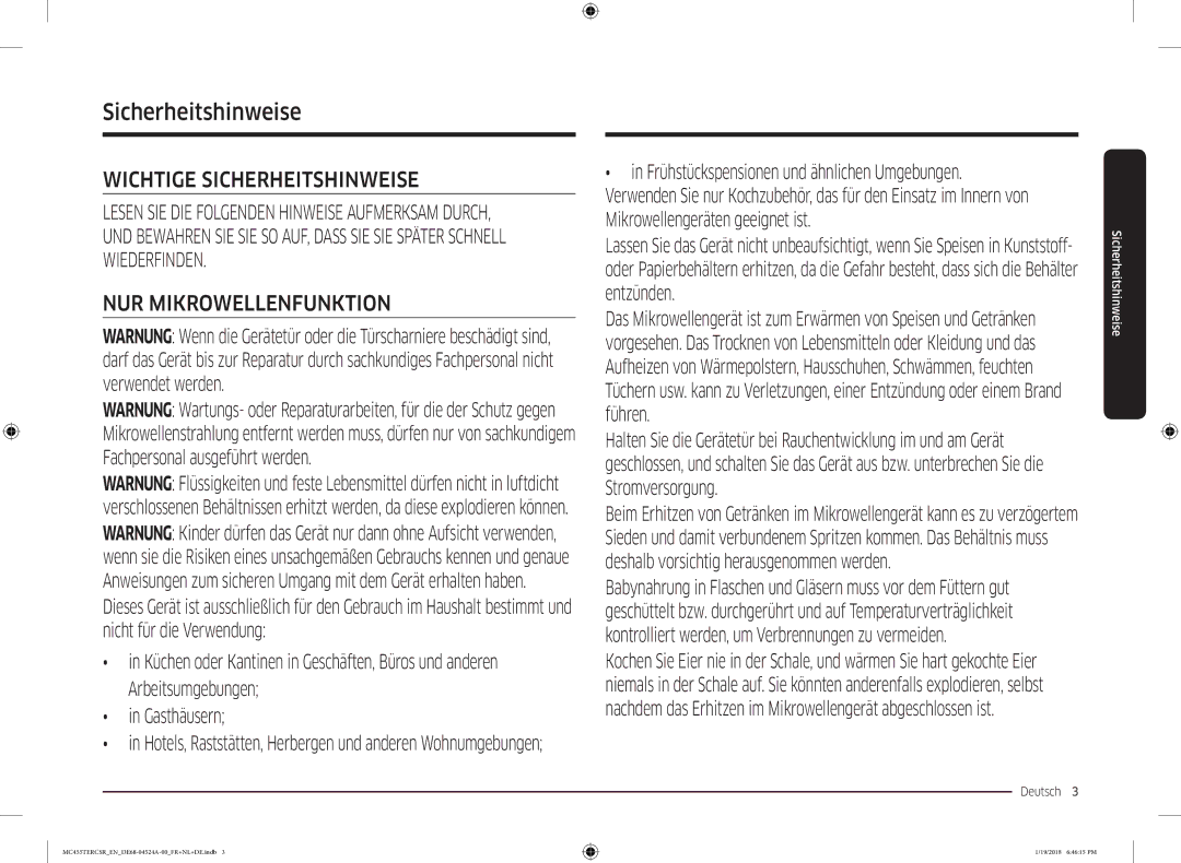 Samsung MC455TERCBB/EN manual Sicherheitshinweise, Deutsch  